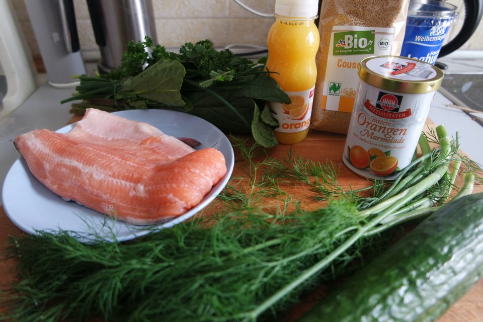 Fisch mit Orangen-Couscous, Gurkensalat und grüner Soße – heideblitz